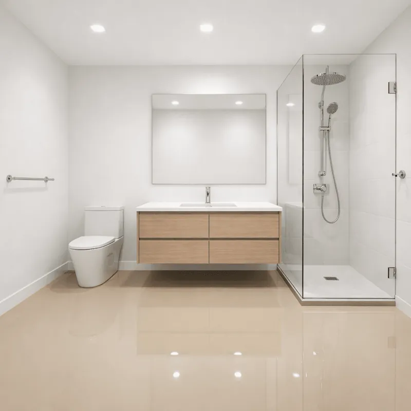Salle de bain moderne avec sol en résine beige uni brillant